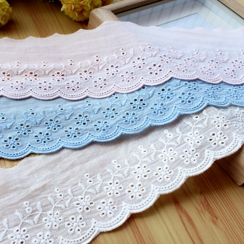Хлопковая кружевная ткань с цветочной вышивкой, швейная аппликация, ленточный воротник, Свадебный гипюровый декор, Дубай, сделай сам, белый, розовый, синий