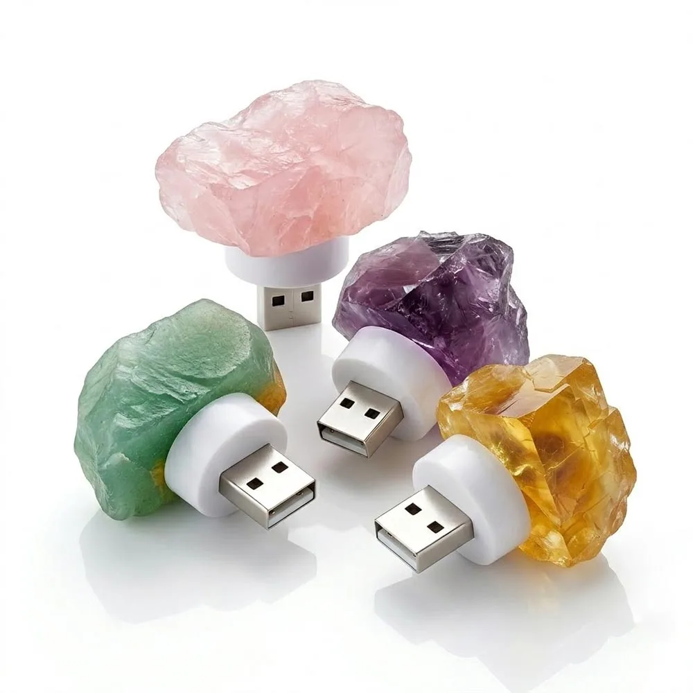 Natural Raw Crystal USB Night Light Rose Quartz Amethyst Yellow Fluorite Rough Stone LED Lamp Home Room Decor Atmosphere Light