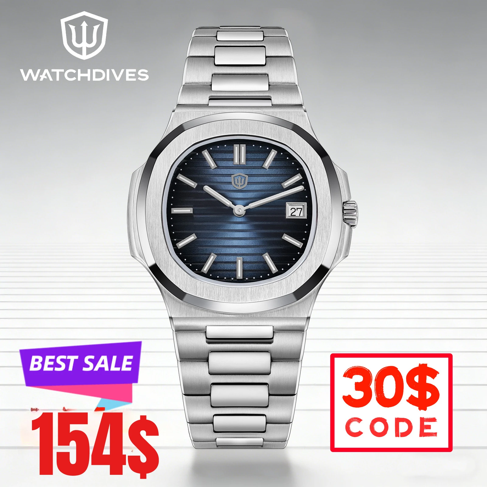 Watchdives WD00013 Swiss Ronda 714 Reloj con movimiento de cuarzo Cepillado de muesca superior Caja 316L Esfera con revestimiento AR Reloj Super Luminova BGW9