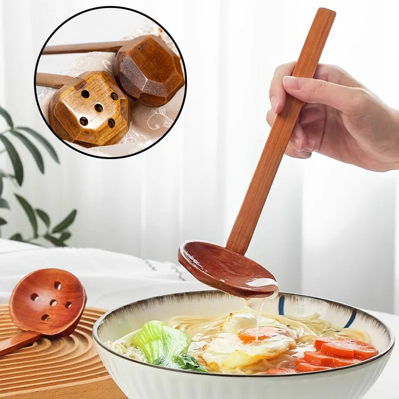 Japanese Spoon Long-Handled Soup Bamboo Spoon Cooking Wooden Lamian Noodles Spoon Hot Pot Strainer Household Kitchen Accessories