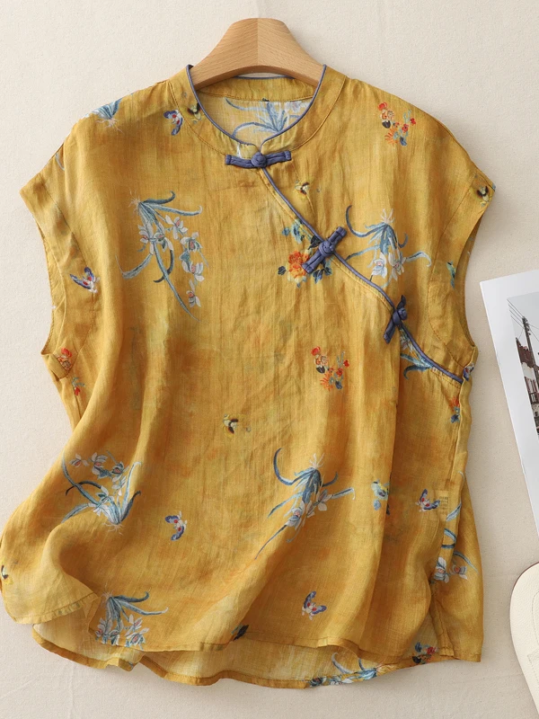 새로운 중국 스타일 여성 여름 슬림핏 레트로 프린트 엘레 탑 버튼업 전통 민족 의상