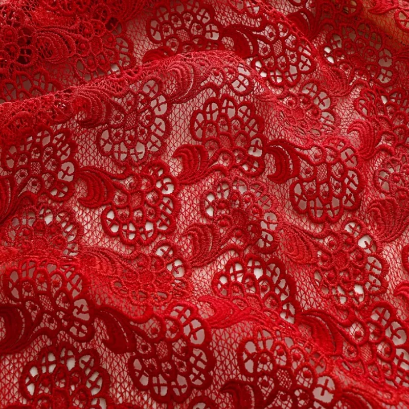 Red Heavy-Duty All-Over Water-Soluble Gold-Thread Embroidered Lace Fabric Textured Material for Wedding Dresses Custom Cheongsam