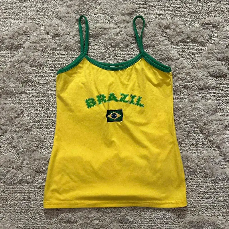 

Hot Selling Women'S T-Shirt Brazil Letter Aesthetic Crop Tops Summer Short Sleeve Tees Printed Short Letter Sling Street Clothes