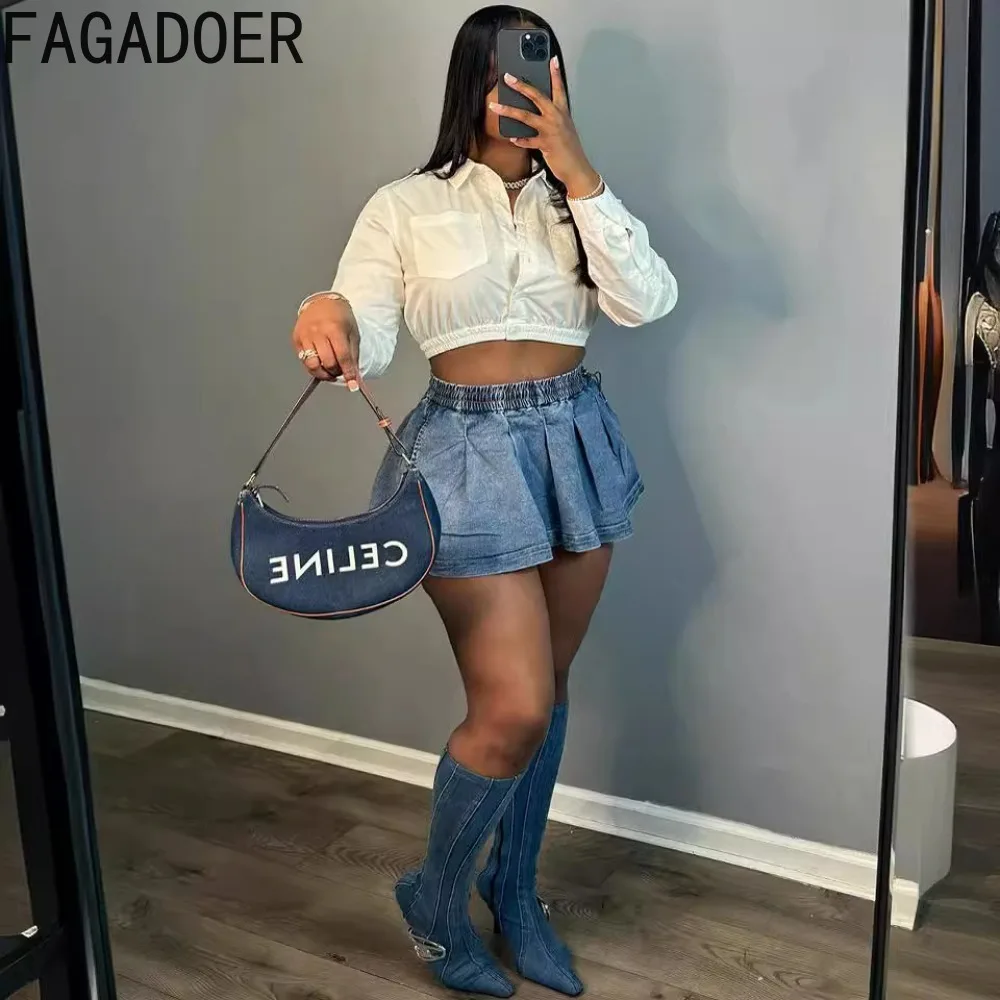 FAGADOER Fashion Hot Girl Streetwear Women Elastic High Waisted Denim Pleated Mini Skirts Summer New Ruched Cowboy Bottoms 2024