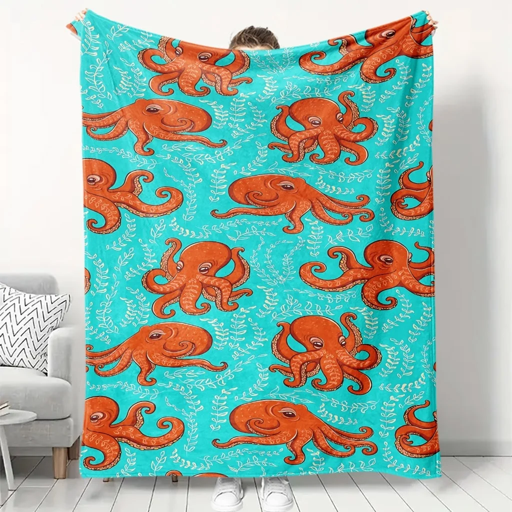 Bright Cyan Base Cartoon Orange Octopus Seaweed Full Print Fluffy Throw Blanket, Warm Soft Couch Ocean Marine Kids Home Gift