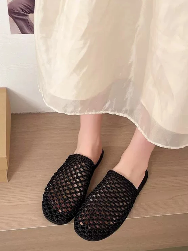 Women's Flat Bottom Sandals Breathable Hollow out Korean Style Slip-On Summer Shoes Fish Net Weave Casual Comfortable Flats