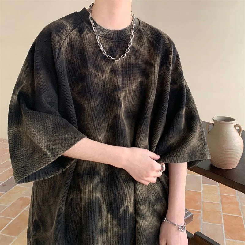 Summer Tie Dye Print Men O Neck Short Sleeve T Shirt Teenager Fashion Vintage Casual Hip Hop 2xl Oversized Streetwear Green Grey