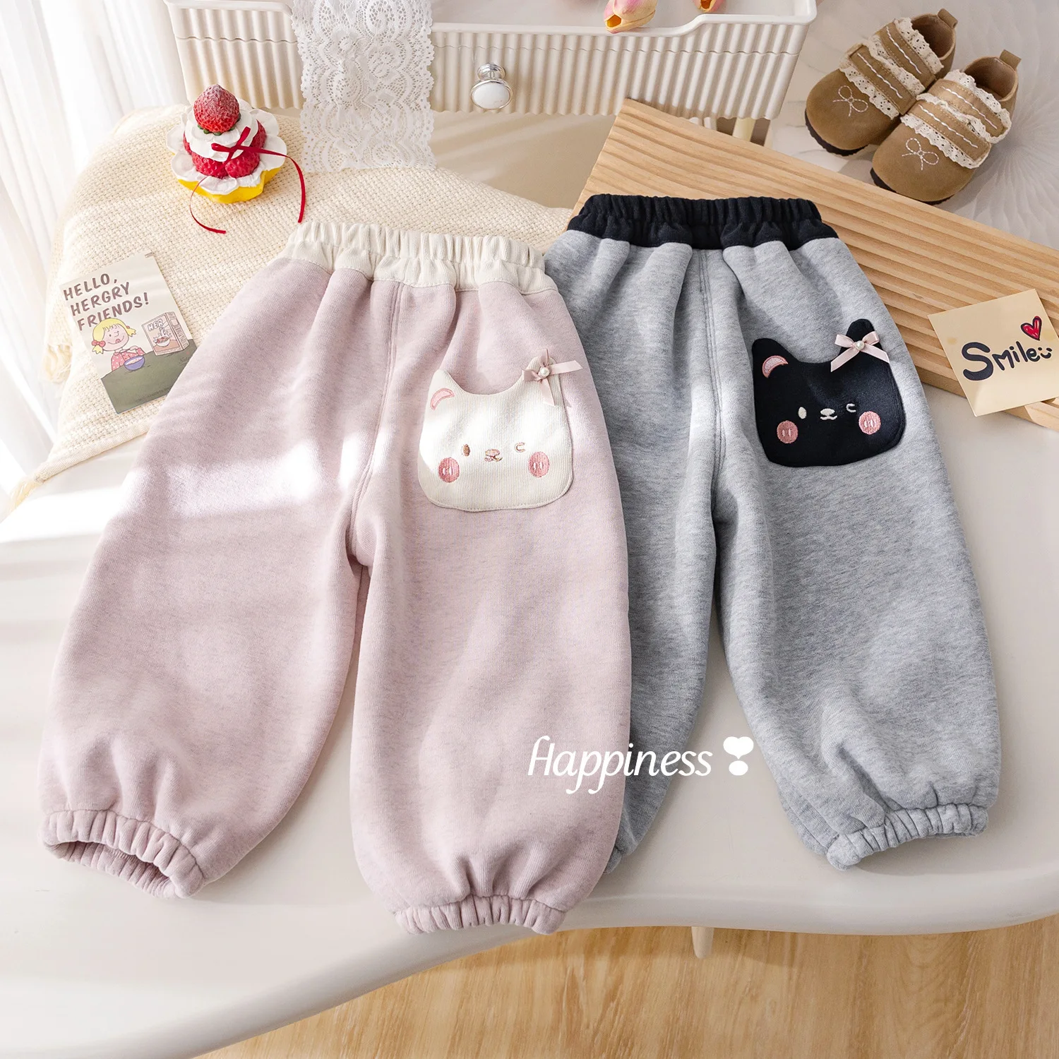 

New Winter Kids Baby Girls Pant Cat Jacquard Toddler Girls Trouser Casual Korean Plush Fleece Little Girls Casual Jogger Pant