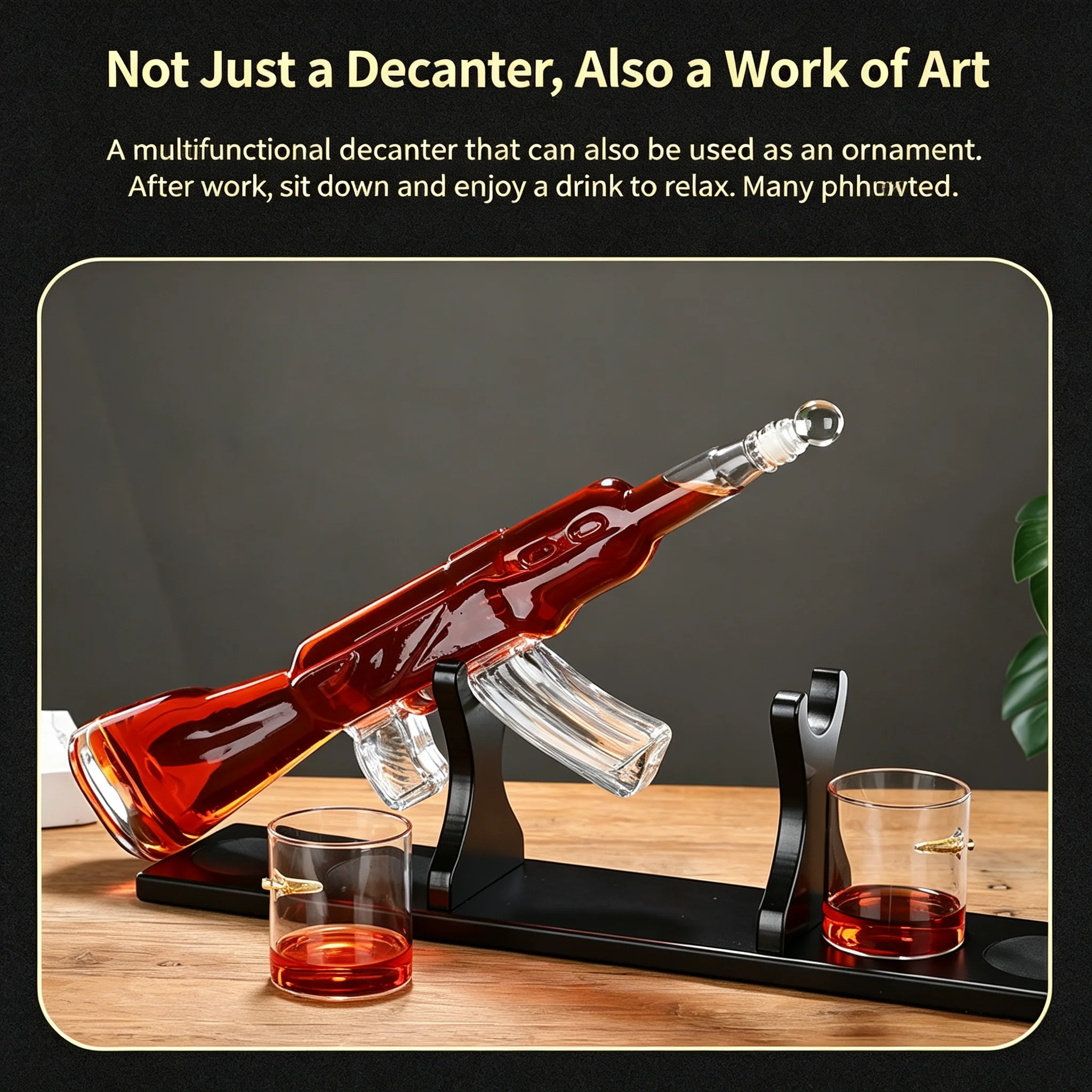 Gun Shaped Glass Whiskey Decanter Unique Novelty Liquor Bottle With Art Craft Details For Man Home Bar Desktop Tabletop Ornament