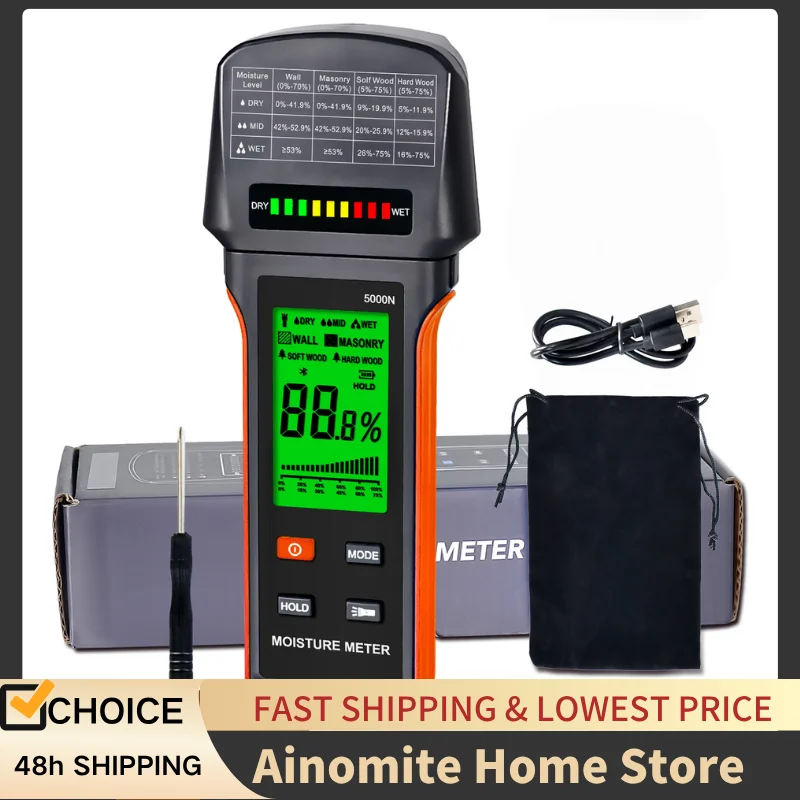

BT-5000N Moisture Meter with LED Status Indicators- Material Modes (Wall/Masonry/Hardwood/Softwood), Data Storage, Professional