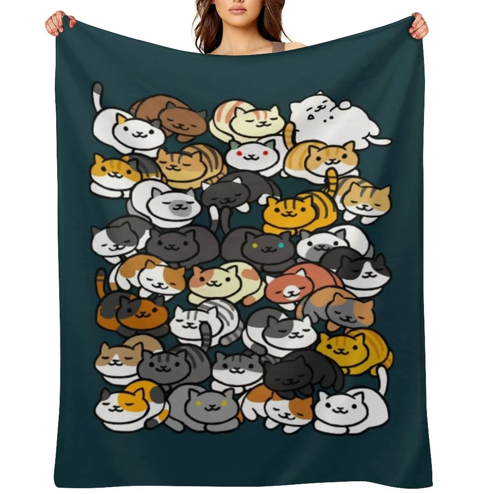 

Neko Atsume Sleepy Kitties Throw Blanket Luxury Flannel Fabric Furrys Luxury Designer Blankets