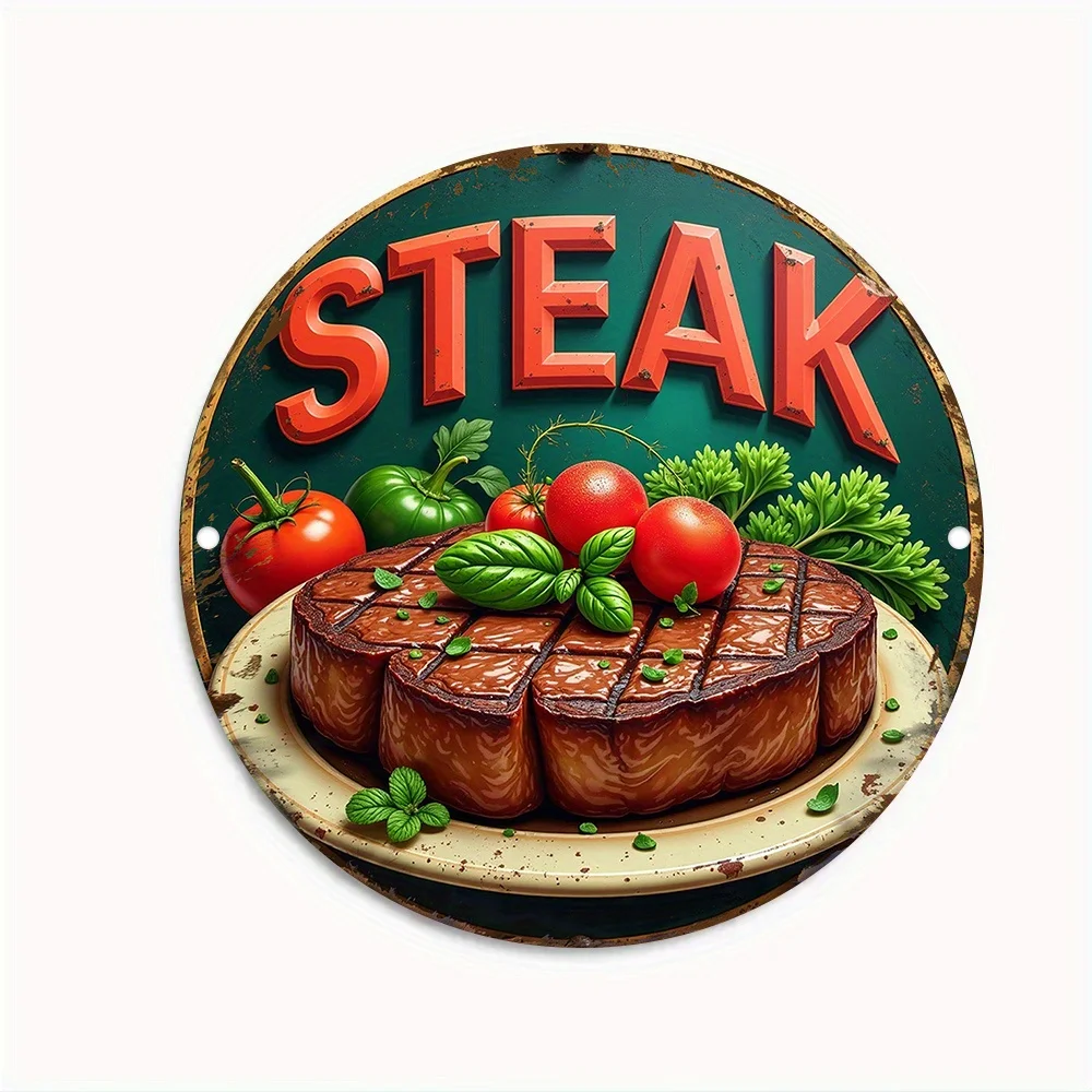 2D Metal Sign, Aluminum Round Wall Art, Vintage Steak Vegetable Graphic, Retro Kitchen Decor, 1PC, Easy to Hang, for Home Bar Ca