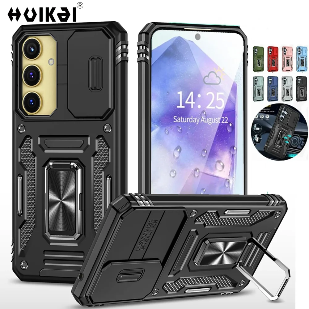 Slide Camera Case For Samsung A55 A15 A54 A35 A14 S23 FE S24 Ultra S23 S22 Ring Stand Armor Anti-fall Protection Kickstand Cover