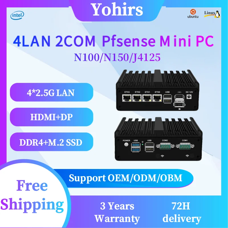 Intel N100 N150 J4125 Router morbido Pfsense Firewall Mini PC 4xIntel 2.5G i226 Lan 2COM USB3.0 DP HDMI DDR4 NVME LINUX Computer