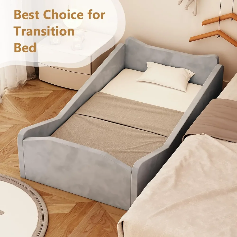 سرير طفل صغير على طراز مونتيسوري مع آذان حيوانات، سرير خشبي منجد مخملي ناعم للرضع مع حاجز حماية آمن