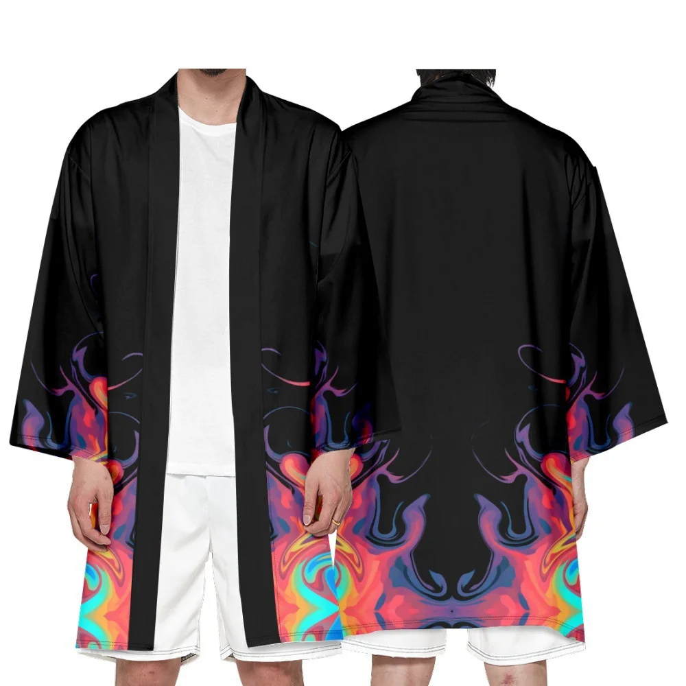 

Японское традиционное самурайское длинное кимоно, красочное огненное пламя, косплей Хаори, мужской и женский кардиган, рубашка юката, летний халат