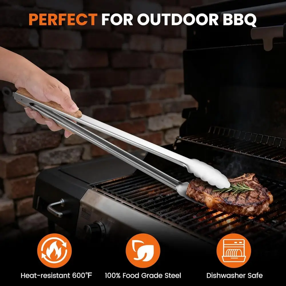 17-Inch Grill Tongs - Locking Metal Tongs with Oak Wood Handles, Stainless Steel Kitchen Tongs for Cooking, Grilling, BBQ, Servi