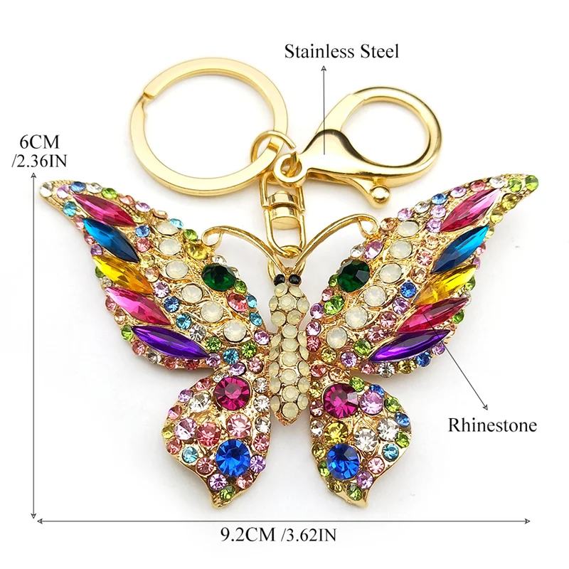 Colorful Rhinestone Butterfly Key Chain Pendant Gold Color Metal Animal Insect Keyring for Women Girl Jewelry Gift llaveros