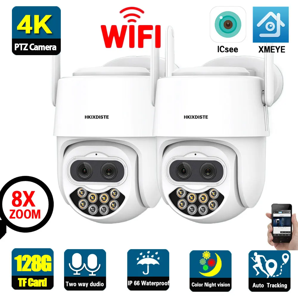 

ICsee 4K 8MP Ultra HD PTZ Wifi IP Camera 8X Zoom Outdoor Dual Lens Wifi Security Cam 2 Way Audio Wireless Surveillance Camera