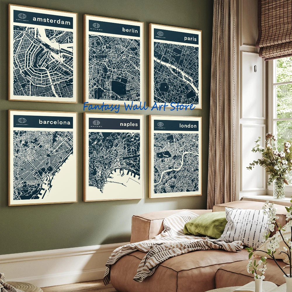 City Map Amsterdam Barcelona London Paris Berlin Naples Modern Travel Retro Tourism Poster Canvas Painting Wall Pictures Decor