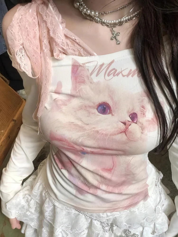 Y2k gato impressão branco fora do ombro manga longa t camisa feminina frente rosa laço arco amarrado básico topos senhora magro ajuste coreano chique t