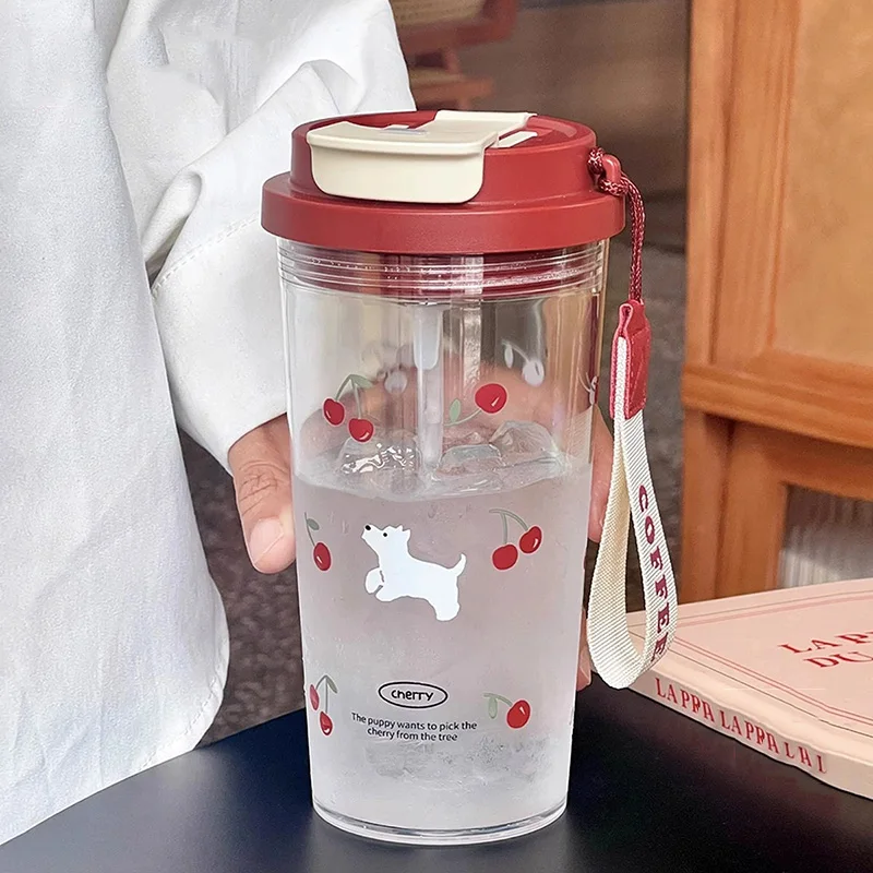

New Plastic Water Bottle Cute Cherry Double Drinking Cup For Women Portable Leak-proof Camping Drinkware Cooling Water Bottle