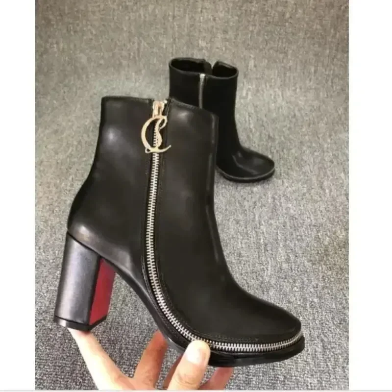 Designer Shoes Black Luxury TOP Quality Red Soles Round Toe Ankle Boots Sexy Zipper High Heels Shoes NEW Brand Thick Heel Pumps