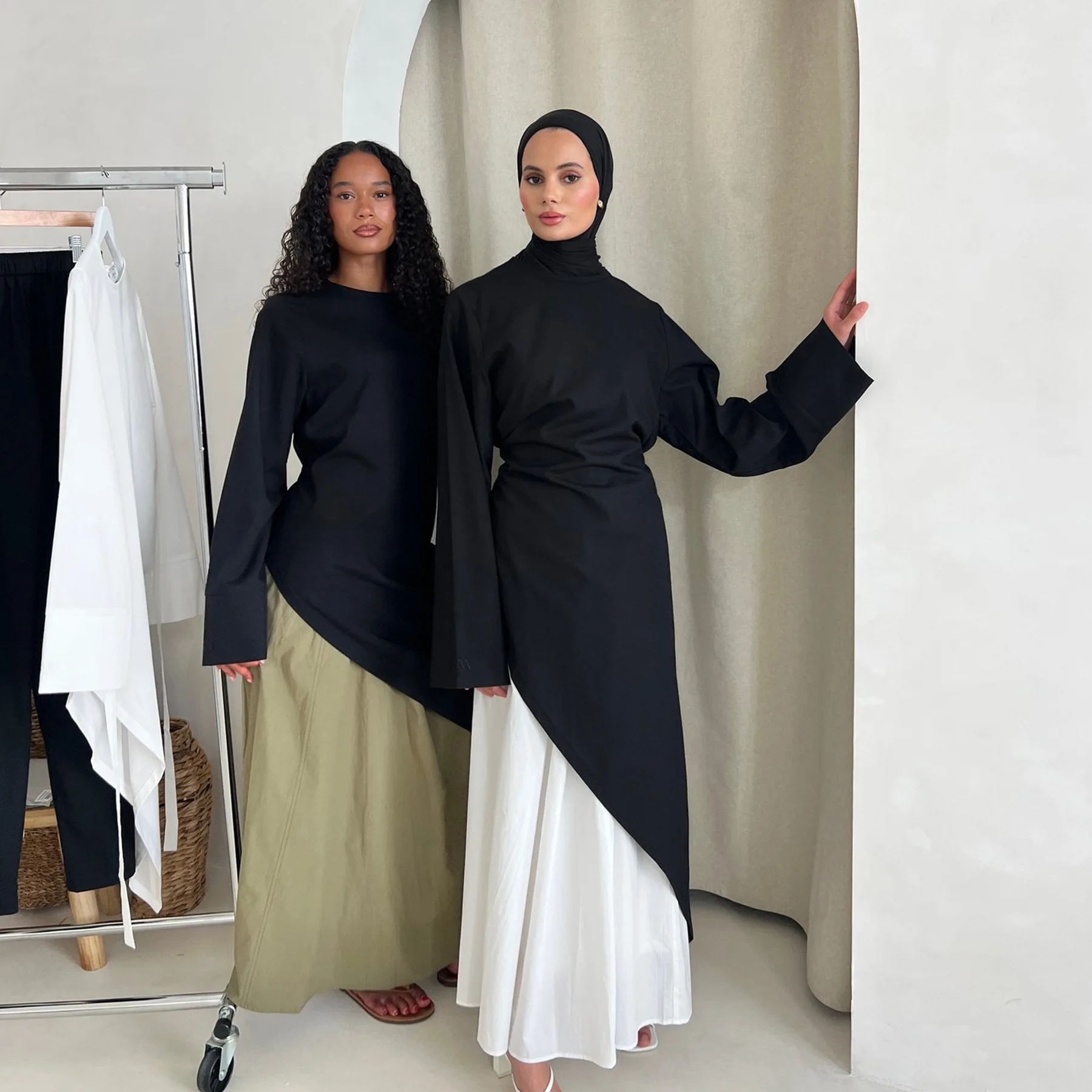 

Eid Muslim Woman Set Dubai Luxury Plain Long Top with Matching Skirt Sets Casual Outfits Modest Islamic Clothing Robe Ramadan