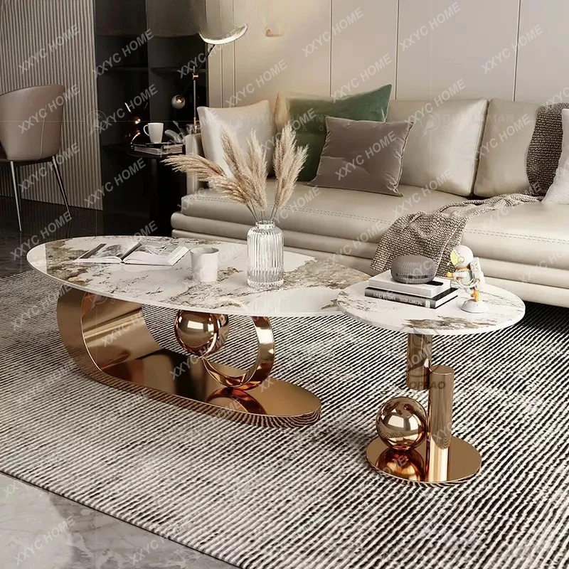 Light luxury stainless steel coffee table Modern leisure living room Home rock slab tea table Oval