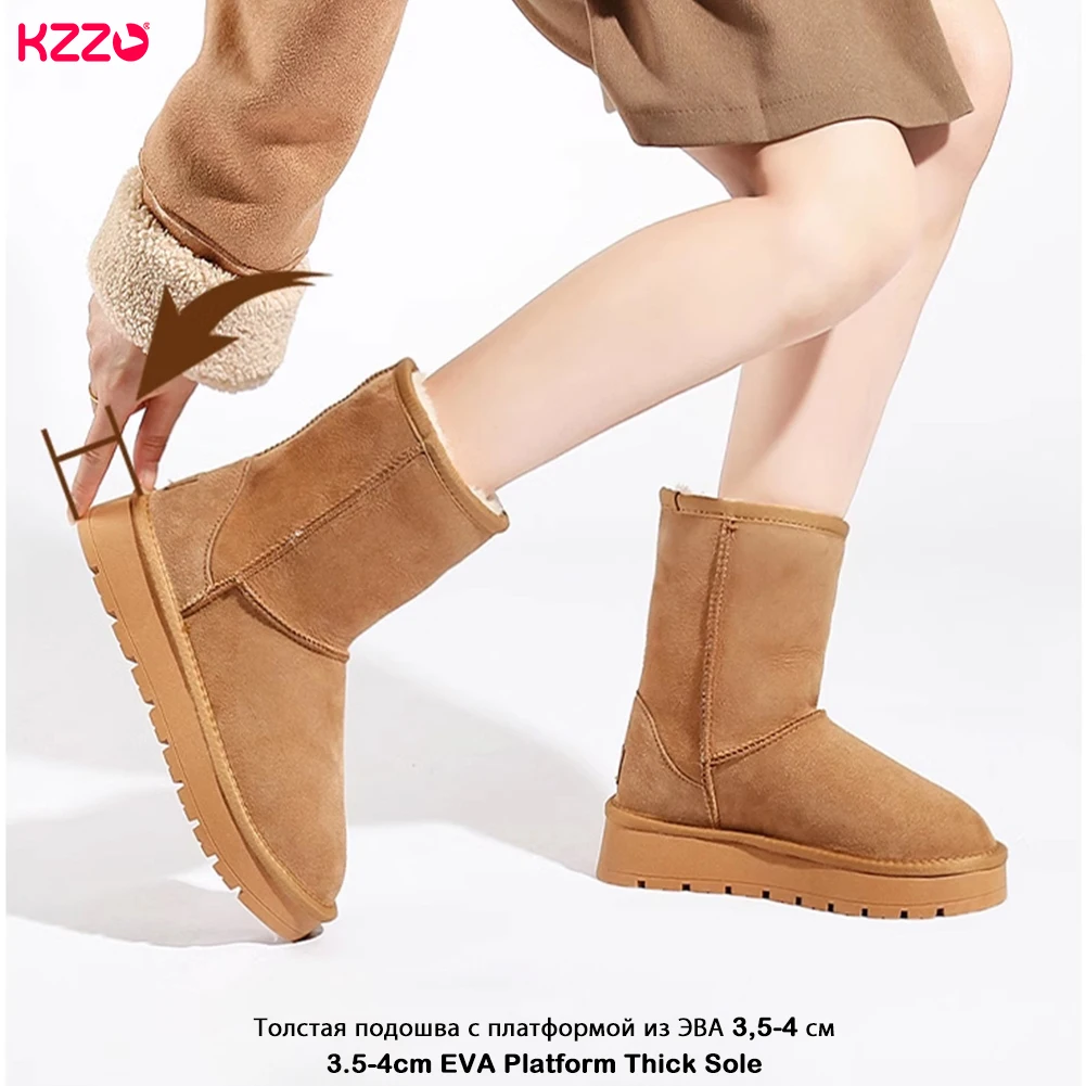 KZZO Classic Women's Platform Mid-Calf Sheepskin Snow Boots Genuine Leather Natural Fur Wool Lined Warm Winter Shoes Australia