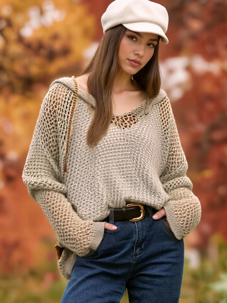 

Новый свободный ажурный вязаный свитер с капюшоном, весна/лето, повседневная женская модная накидка, однотонный тонкий верх, уличная одежда