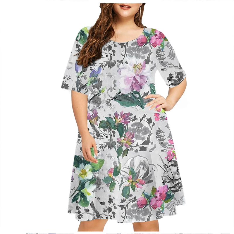 6XL Plus rozmiar Sundress kwiaty rośliny z nadrukiem 3D luźna sukienka damska z krótkim rękawem letnia Casual sukienka trapezowa damska imprezowa