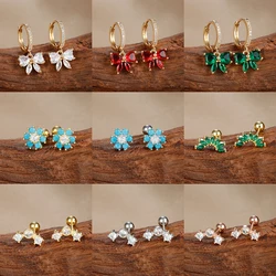 2PCS New Colorful Zircon Butterfly Turquoise Flower Pendant Stainless Steel Hoop Earrings For Women Party Piercing Jewelry
