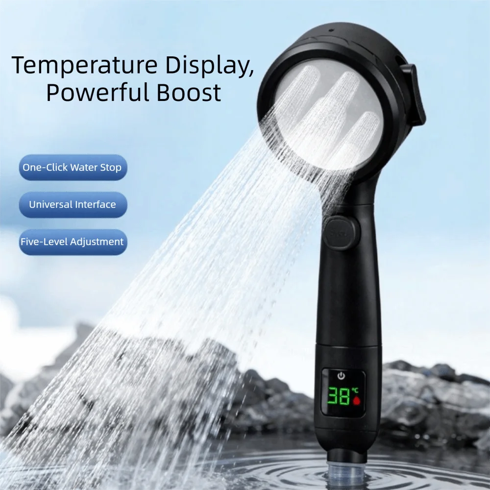 

Душевая насадка высокого давления с распылителем под давлением, цифровой дисплей температуры, 4 режима, ручная насадка для душа с распылителем, дизайн высокого давления