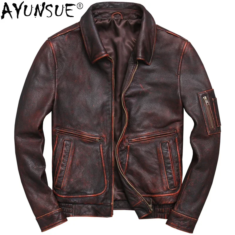 

AYUNSUE 2025 Real Cow Lether Jacket Men Slim Vintage Casaul Motorcycle Jacket Korean Style Autumn Clothes Men's Coats WPY4132