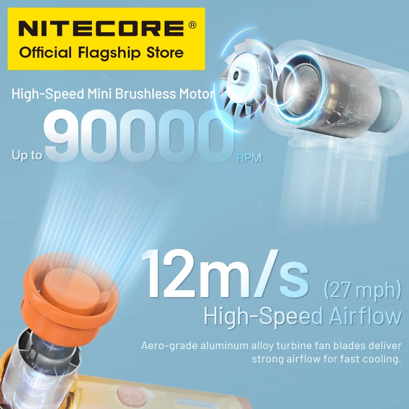 NITECORE NEF nano Mini Handheld Fan Portable Pocket Cooling Blower High Speed 81g for Outdoor Camping Commute Hiking Concert