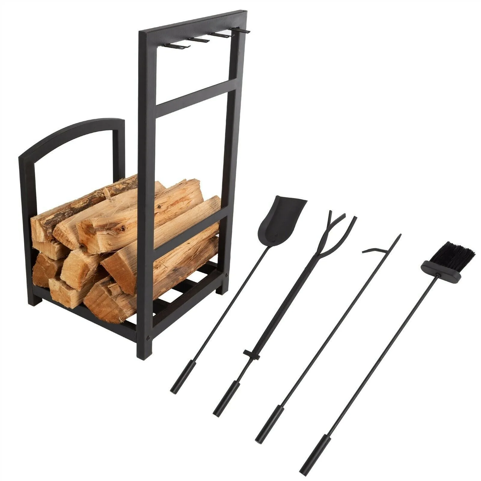 

US Iron Log Rack & Fireplace Set Tool Tongue Poker Dust Tray 27 Inch High -