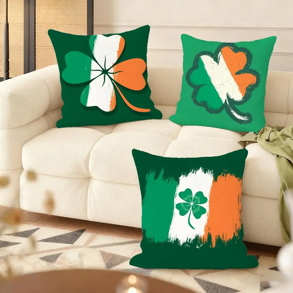 Irish Flag with Four Leaf Clover Cushion Cover Soft Plush Throw Pillow Cover | Double-Sided Cushion Case | Cozy Sofa Home Decor