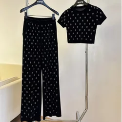 Luxury brand rhinestone Wang Women's Wide-Leg Pants Sexy Crop Top Short Sleeve Wang Women's T-shirt Suit 2024 New Korean Style