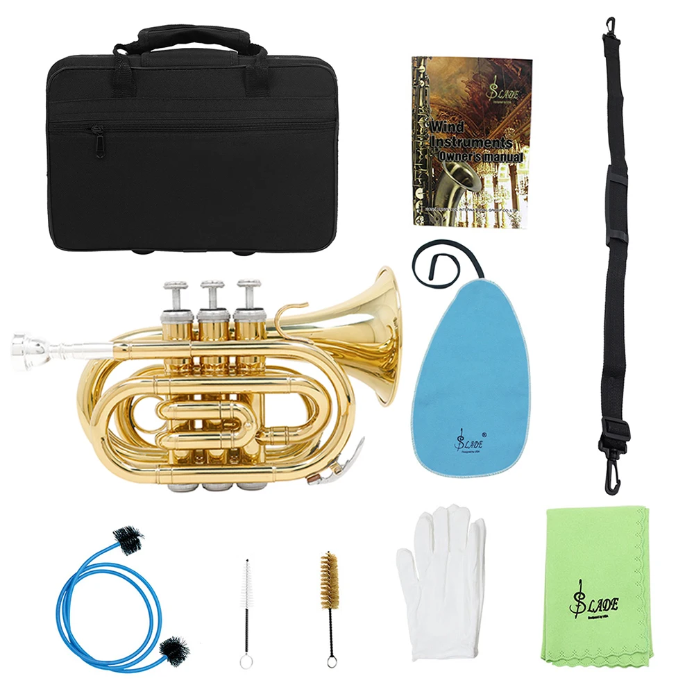 

SLADE Mini Pocket Trumpet Bb Tune Gold Brass Body Cornet with Back Strap Glove Wipe Cloth Headpiece Brush Rope Brass Instruments