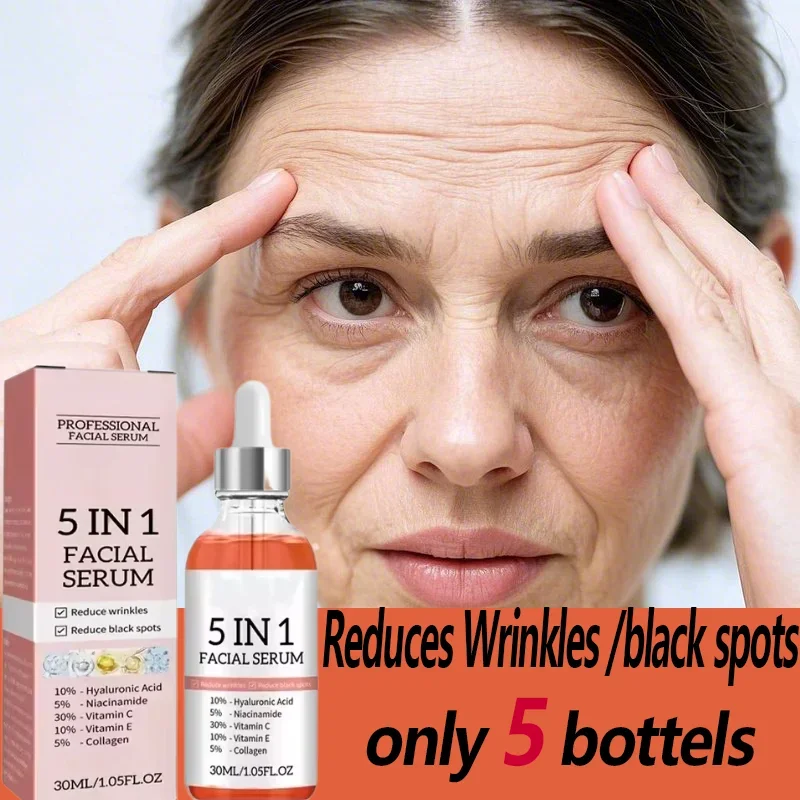 

Jaysuing Hyaluronic Acid Face Serum 5 In 1 Moisturizing Brightening Anti-Aging Vitamin C Shrink Pores Serum Skin Care 30ml