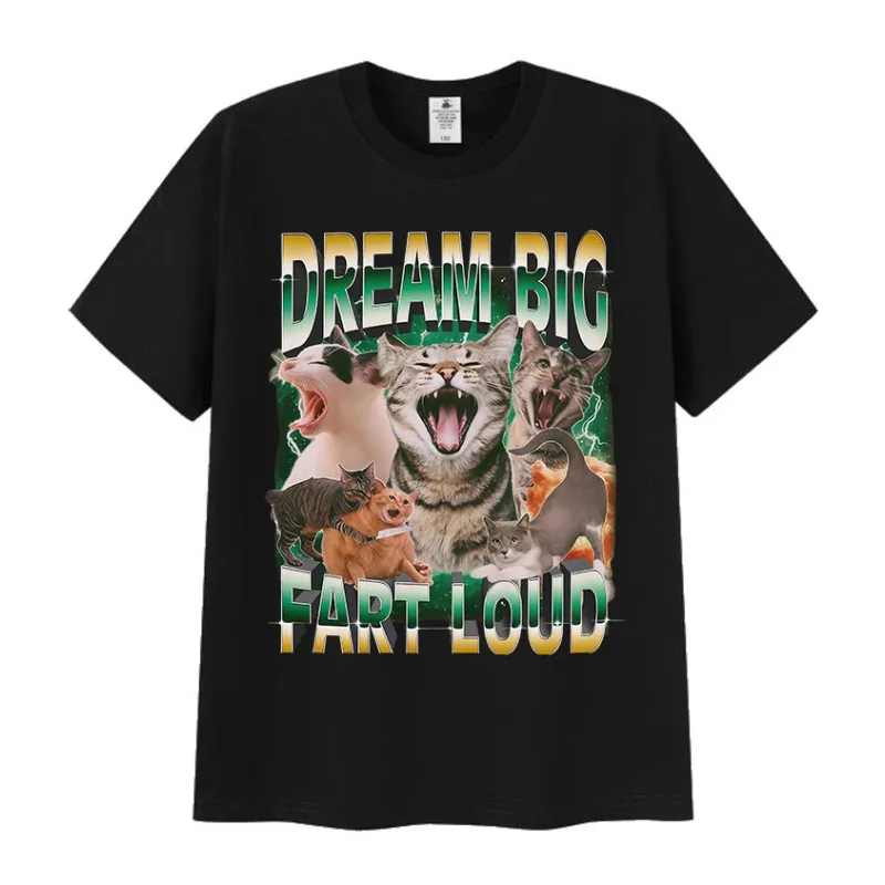 

Women's Fashion Fun T-Shirt Dream Big, Fart Loud Funny Cat Retro Print Crew Neck Short Sleeve Cotton Shirt Streetwear T-Shirt