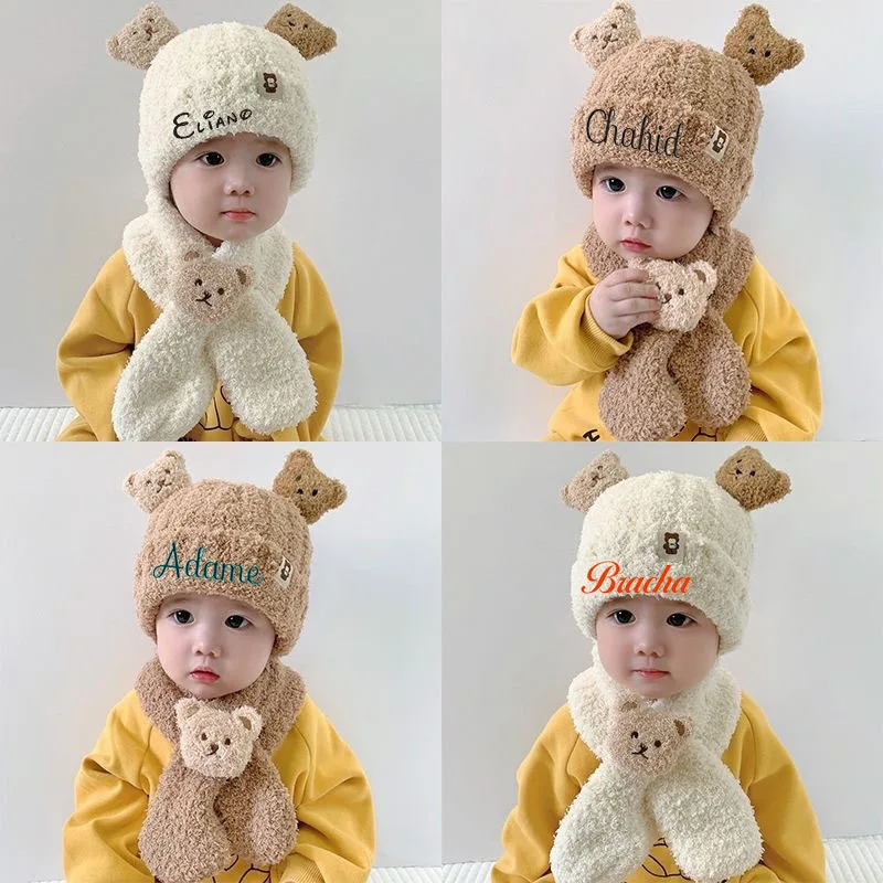 

Personalized Print refresh Baby Hat Winter Scarf Two-piece Set For Boys And Girls Cartoon Teddy Bear Cute Warm Plush Knitted Hat