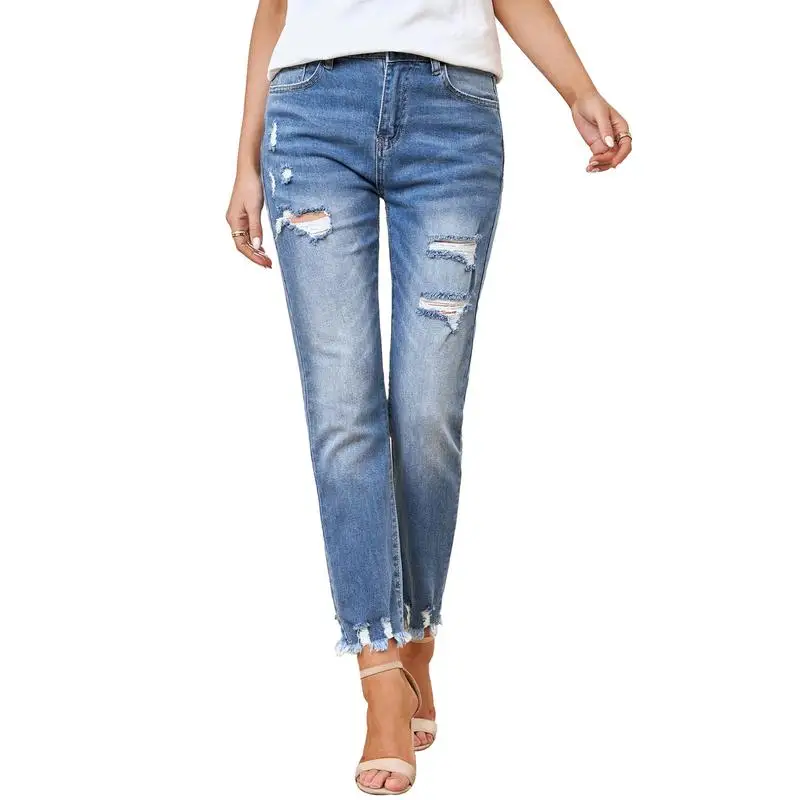 Women's Stretchy Denim Skinny Pants Rolled Hem Slim Fit Casual Trousers Wholesale