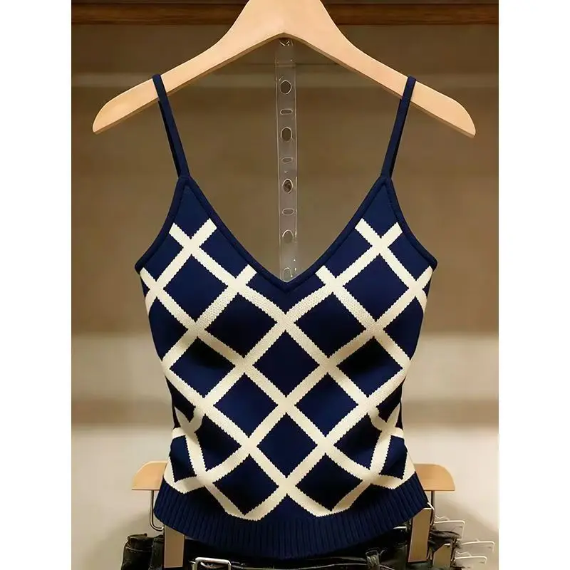 Summer New Sleeveless Slim Plaid All-match High Street Top Off Shoulder Sexy T Shirt Tops Fashion Elegant Women Clothing