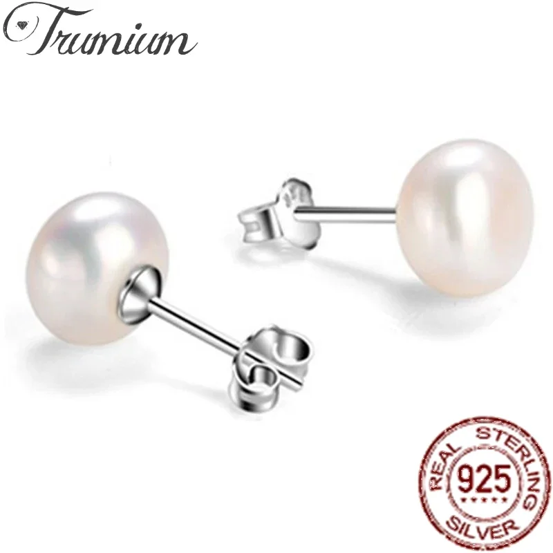 Trumium 100% 925 Sterling Silver Handpicked Freshwater Natural Pearl Stud Earrings for Women High Quality Simple Pearl Earring