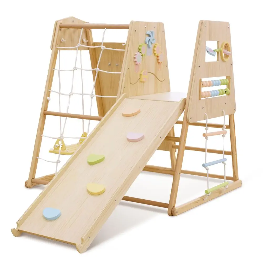

Cherry 5in1 Wooden Indoor Climber Montessori Toddler Play Gym with Slide, Rock Wall, Rope Ladder, Sensory Panel amp Swing Indoo