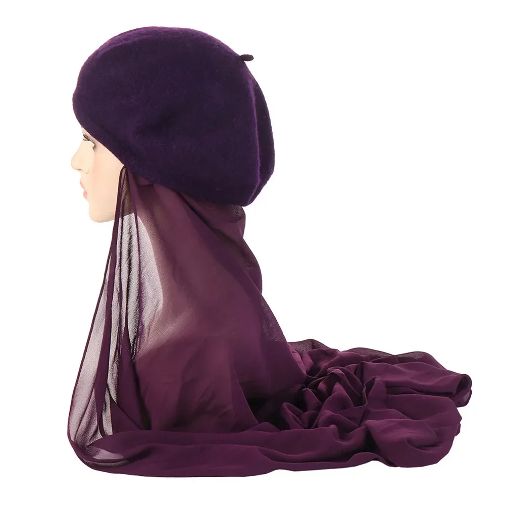 New Muslim Fashion Women Hijab with Beret Hat Chiffon Scarf Ready To Wear Instant Headscarf Shawls Wrap Turban Headwear Bandana