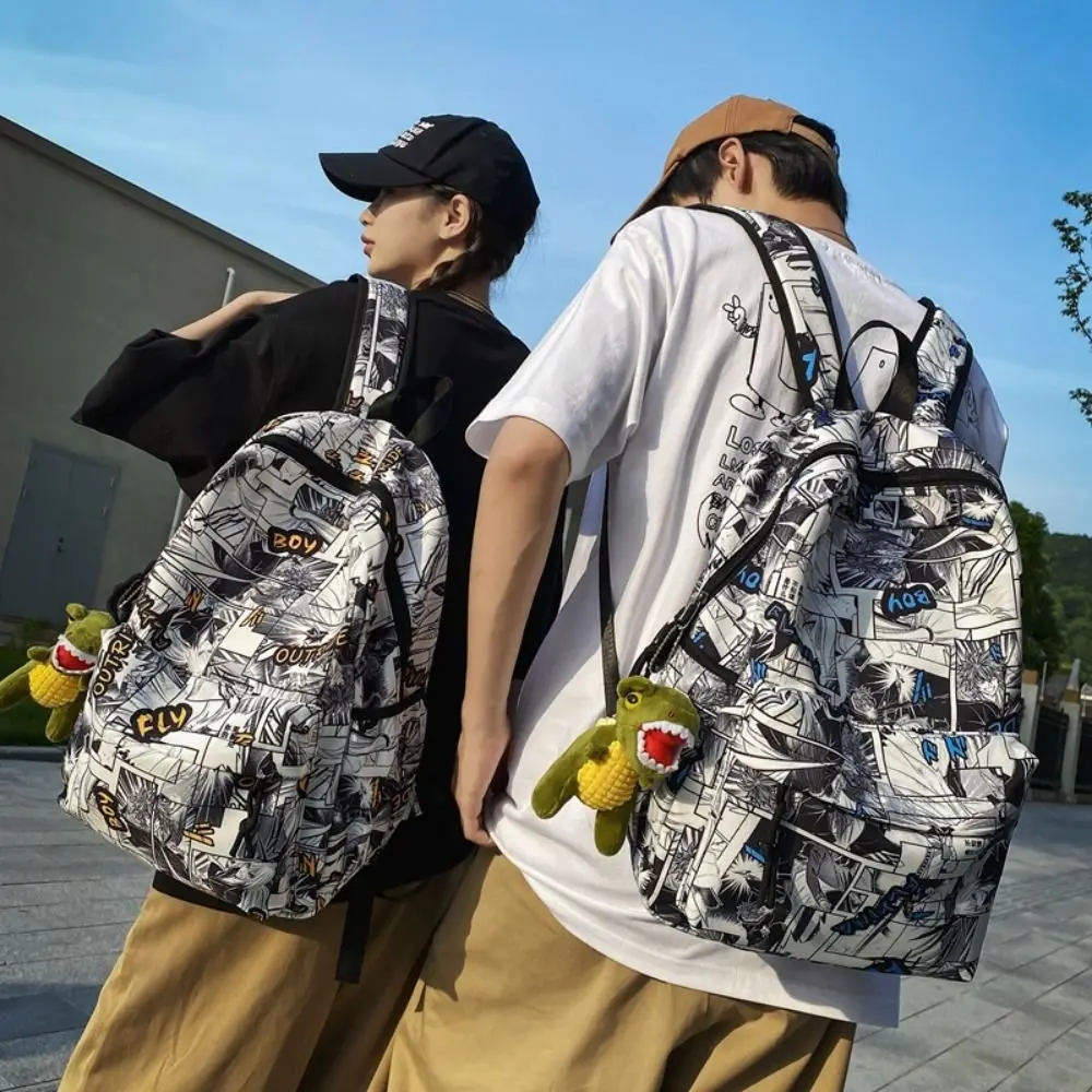 Nylon Graffiti School Bag Laptop Backpack Lightweight Large Capacity Backpack Tyrannosaurus Pendant Black Cartoon Print Bag