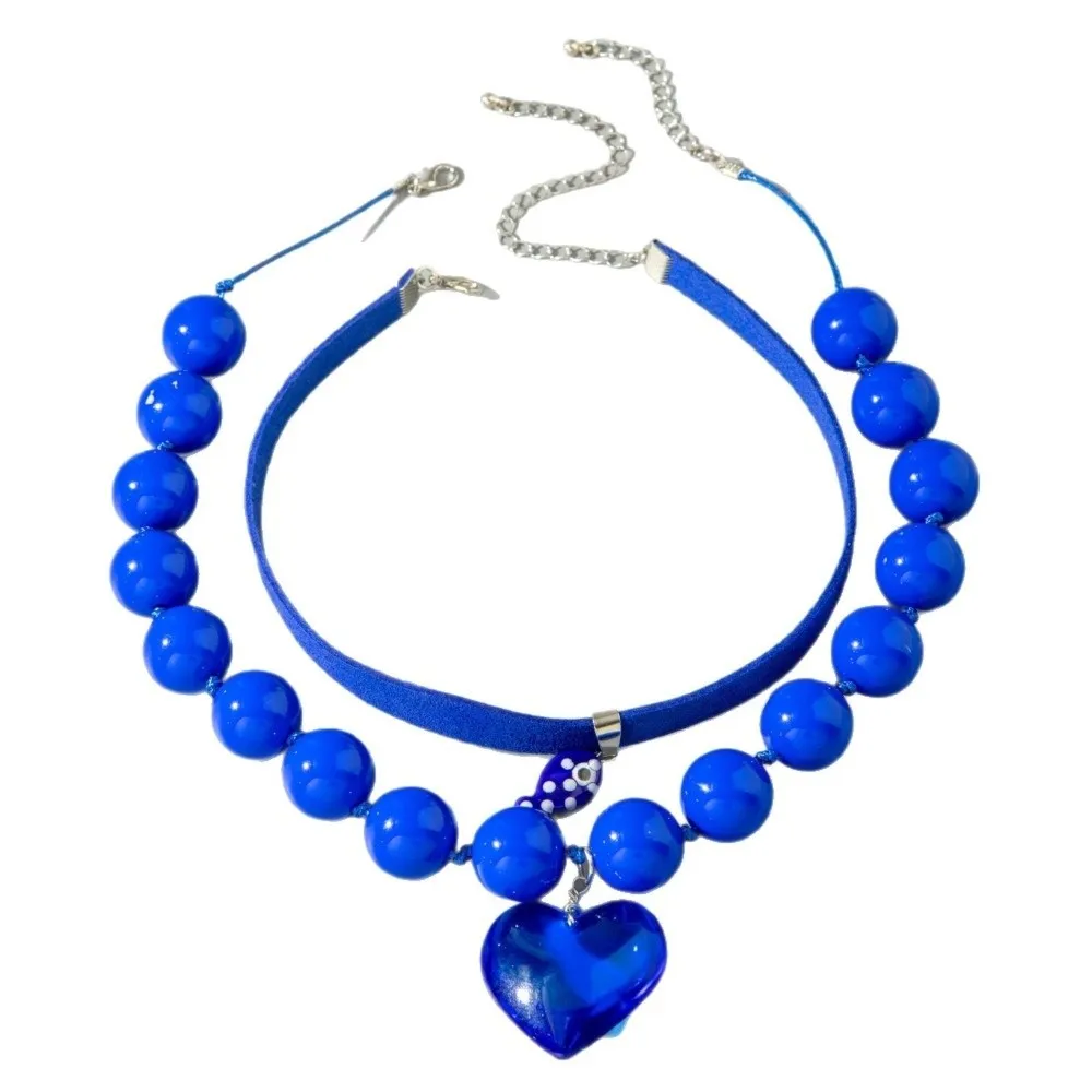 Fashion Punk Acrylic Bead Necklace Set Stackable Heart Pendant Choker Round Bead Blue Color Pendant Necklace Casual